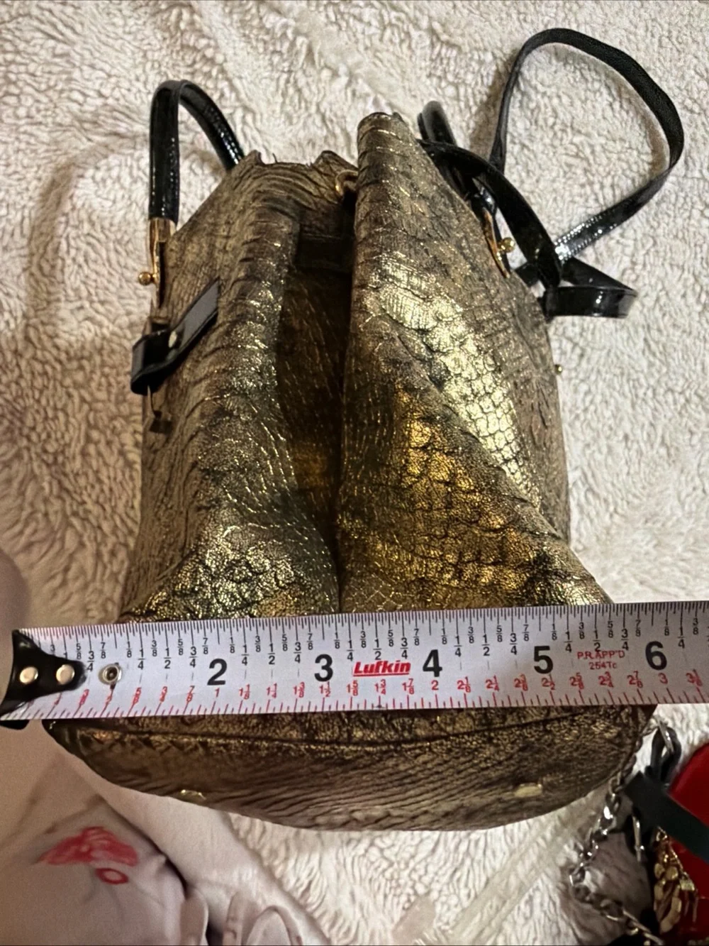 Gianni Bini Gold Snake-Texture Satchel Handbag with Black Accents